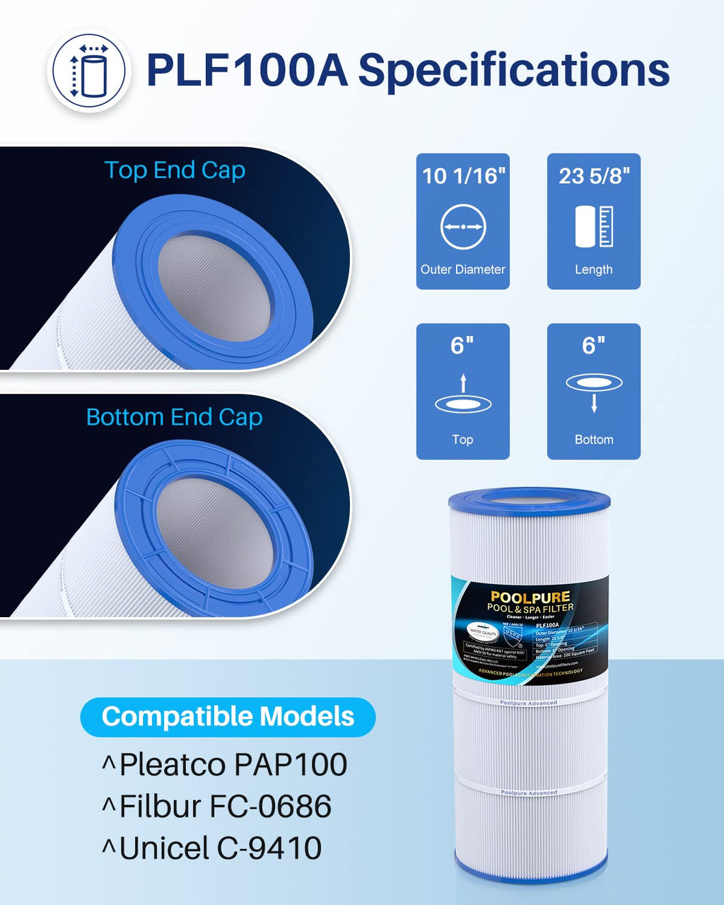 POOLPURE PLF100A Pool Filter Replaces Pentair CC100, CCRP100, PAP100, PAP100-4, Ultral-C3, Unicel C-9410, R173215, Filbur FC-0686, 59054200, 160316, 160354, Predator 100, L x OD:23 5/8" x 10 1/16"
