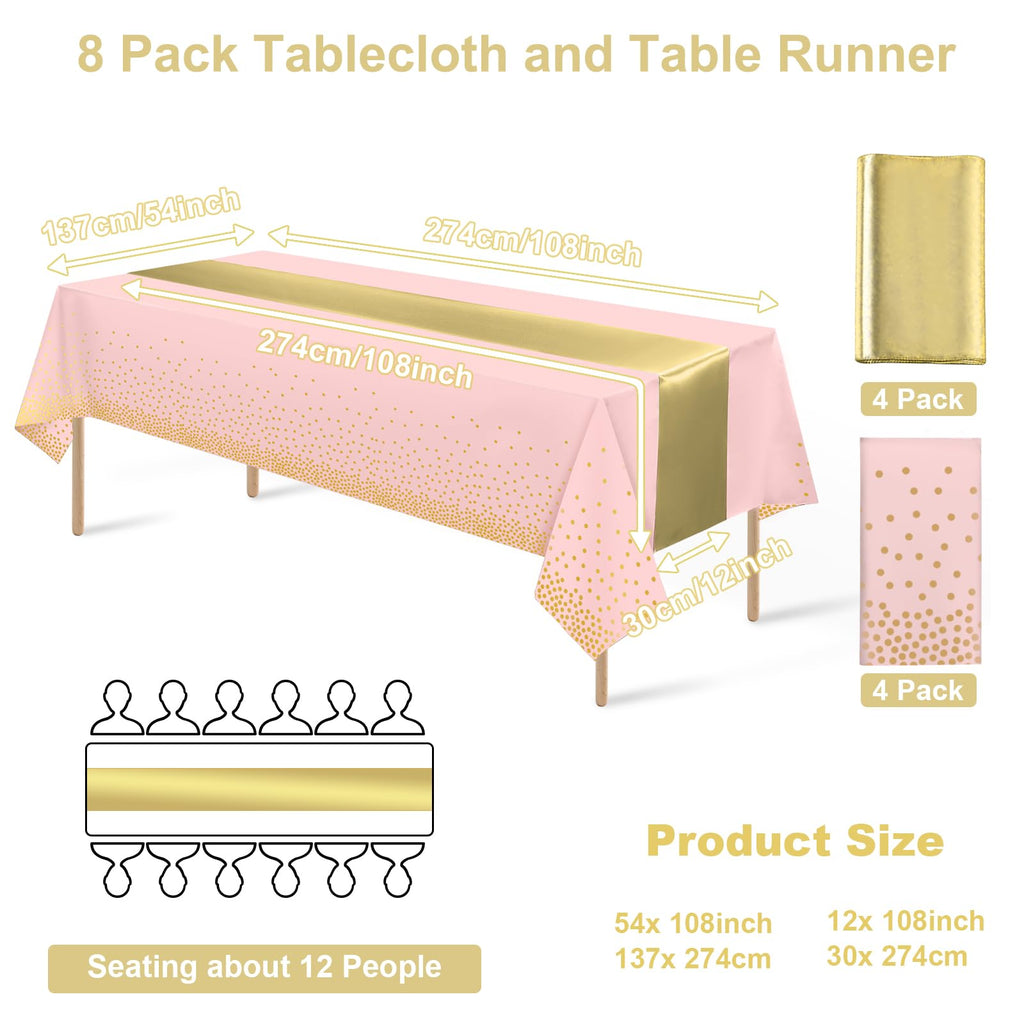 8Pack Disposable Plastic Tablecloths and Satin Table Runner Set Pink and Gold Dot Tablecloth Gold Satin Table Runner for Wedding Birthday Baby Shower Anniversary Christmas New Year Party Supplies