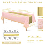 8Pack Disposable Plastic Tablecloths and Satin Table Runner Set Pink and Gold Dot Tablecloth Gold Satin Table Runner for Wedding Birthday Baby Shower Anniversary Christmas New Year Party Supplies