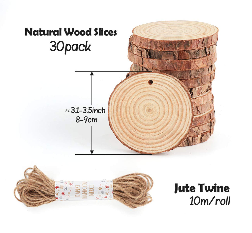 ilauke Natural Wood Slices 30Pcs 3.1''-3.5'' Unfinished Wood Crafts with Pre-drilled Hole, Wood Slices Ornaments for Christmas DIY Rustic Crafts Wooden Circles Coasters Wedding Decor, 33 Feet Twine