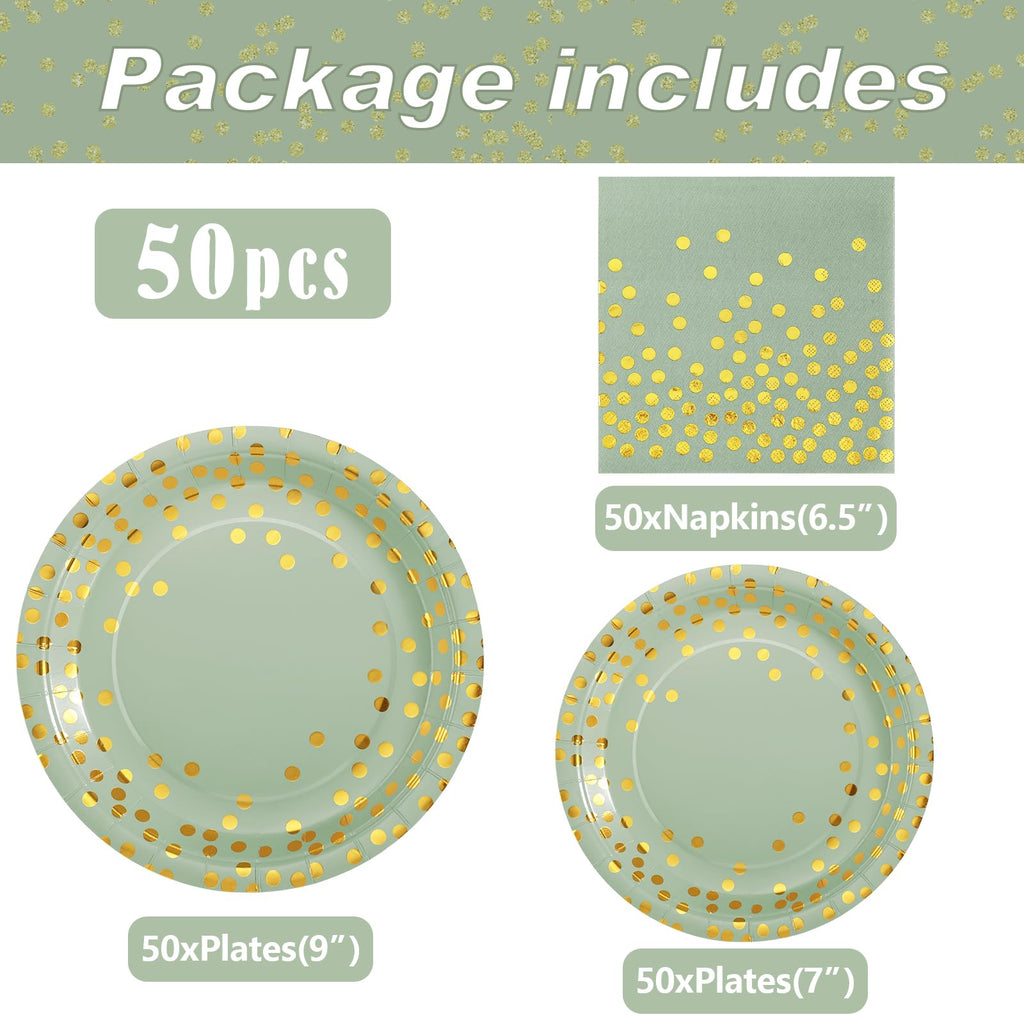 Boocikey 150PCS Sage Green Plates and Napkins Party Supplies, Sage Green Paper Plates for 50 Guests, Disposable Sage Green Party Decorations for Bridal Shower Birthday Wedding Baby Shower