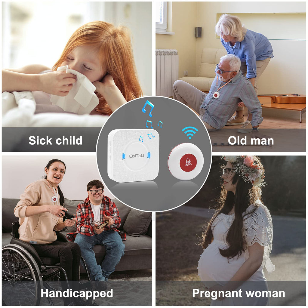 CallToU Caregiver Pager Wireless Call Button Smart Bell Alert System for Elderly Home Patient Seniors Nurse 4 Portable Waterproof Transmitters 1 Plugin Receiver