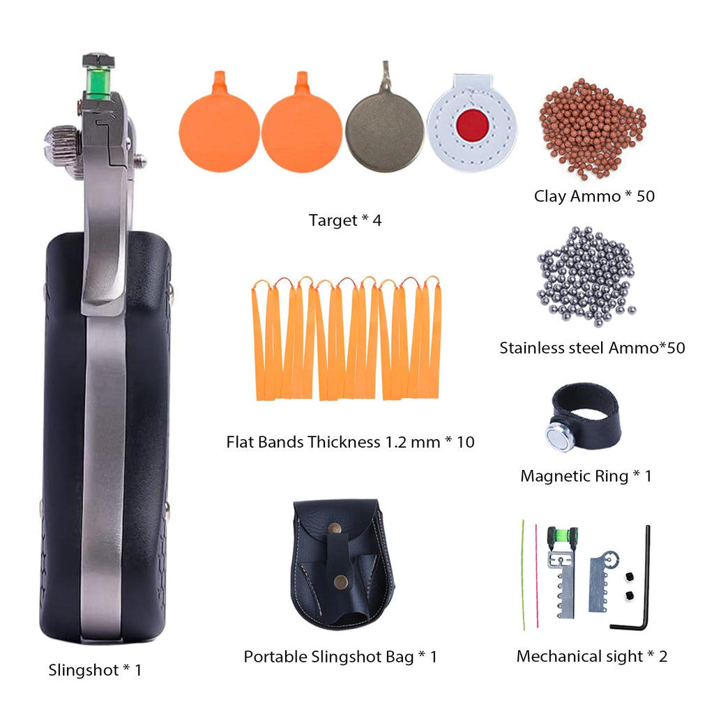 Outdoor Professional Solid Slingshot Set for Hunting Stainless Steel High Velocity Catapult Sling Shot for Adults with 1 Ammo Pouch 100 Slingshots Ammo Balls & 10 Rubber Bands & 4 Target