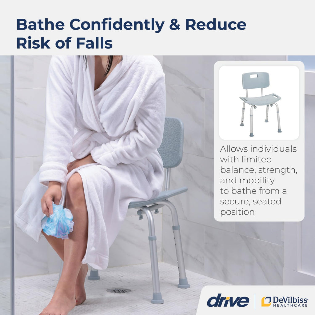 Drive Medical RTL12202KDR Shower Chair with Back, Adjustable Stool with Suction Feet, Shower Seat for Inside Shower or Tub, Bathroom Bench Bath Chair for Elderly and Disabled, 300 LB Weight Cap, Grey
