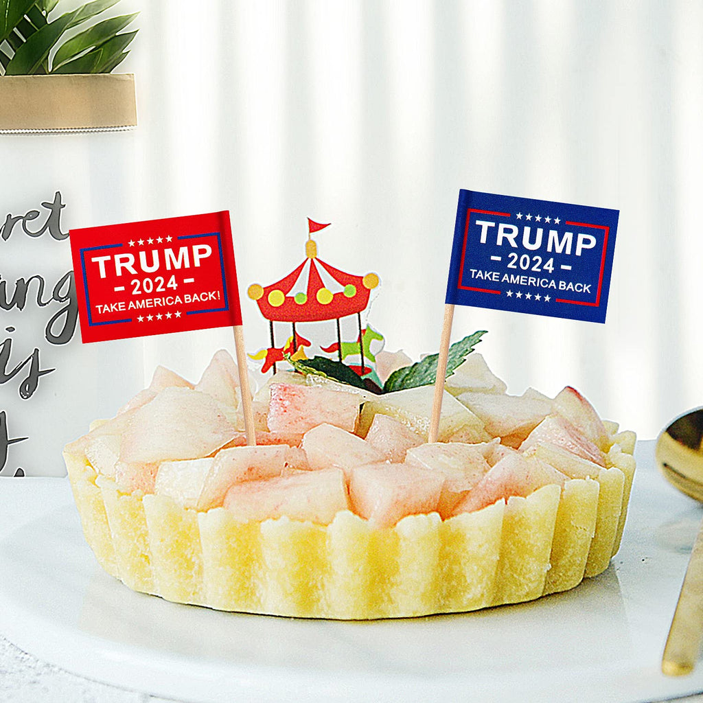 ZXvZYT Trump 2024 Flag Take America Back Flag Toothpick,Small Mini Donald Trump Cupcake Toppers Stick flags Decoration(50Pcs Blue and 50Pcs Red)