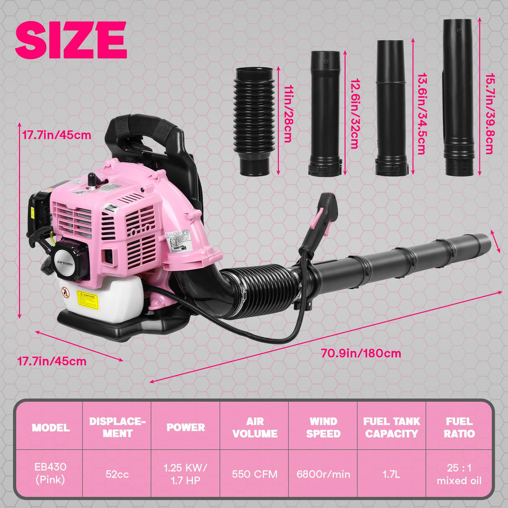 Gas Leaf Blower, 52CC 550CFM 3HP 2 Stroke Gas Blower, 18Lbs Ultra Light Pink Backpack Leaf Blower for Elderly and Women, Leaf Blower Gas, Gas Blowers for Lawn Care, Garden