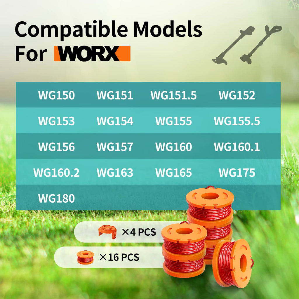 20 Pack Trimmer Spool Line for Worx,(WA0010)Replacement Trimmer Spool Line for Worx,Trimmer Line Refills 0.065 inch for Worx,Suitable for Worx String Trimmers(16 Pack Grass Trimmer Line,4 Trimmer Cap)
