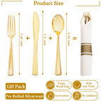 Supernal 120Pack Gold Plastic Silverware Wrapped Plastic Cutlery Set with Napkin,Pre Rolled Napkins with Cutlery Set,Rolled Silverware Disposable For Halloween Thanksgiving Christmas