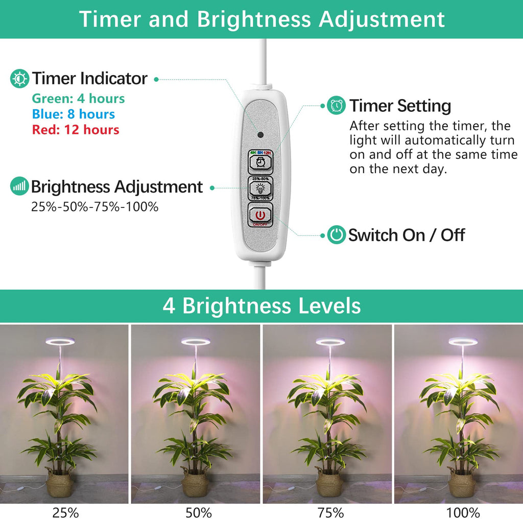 LORDEM Plant Grow Light, Full Spectrum Plant Light for Indoor Plants, Brightness Adjustable LED Growing Lamp with Auto On/Off Timer 4H/8H/12H, Height Adjustable, Ideal for Tall Plants, Pack of 2