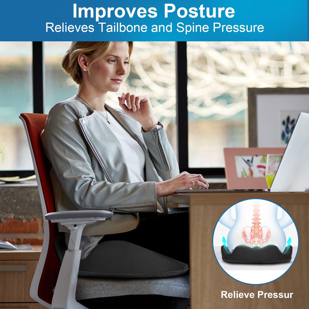 Memory Foam Seat Cushion,Office Chair Cushion,Car Seat Cushion,Tailbone Pain Relief Cushion,Sedentary & Coccyx & Back Pain Relief,Sciatica Support,Non-Slip Cushions,Portable & Washable (Black)