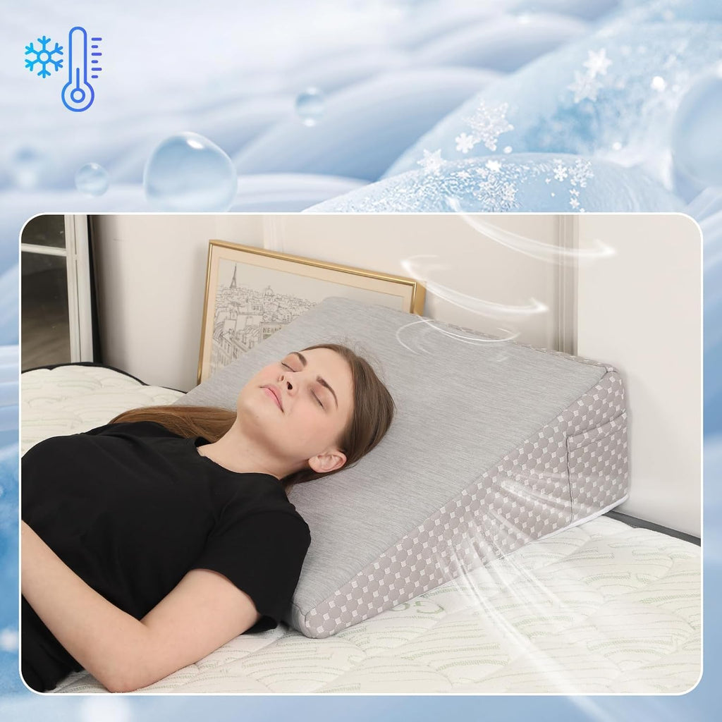Wedge Pillow for Sleeping, 8 Inch Cooling Triangle Bed Pillow with Removable Cover, Elevated Body Pillow for Back Support, After Surgery, Snoring, Neck, Leg and Acid Reflux, Grey