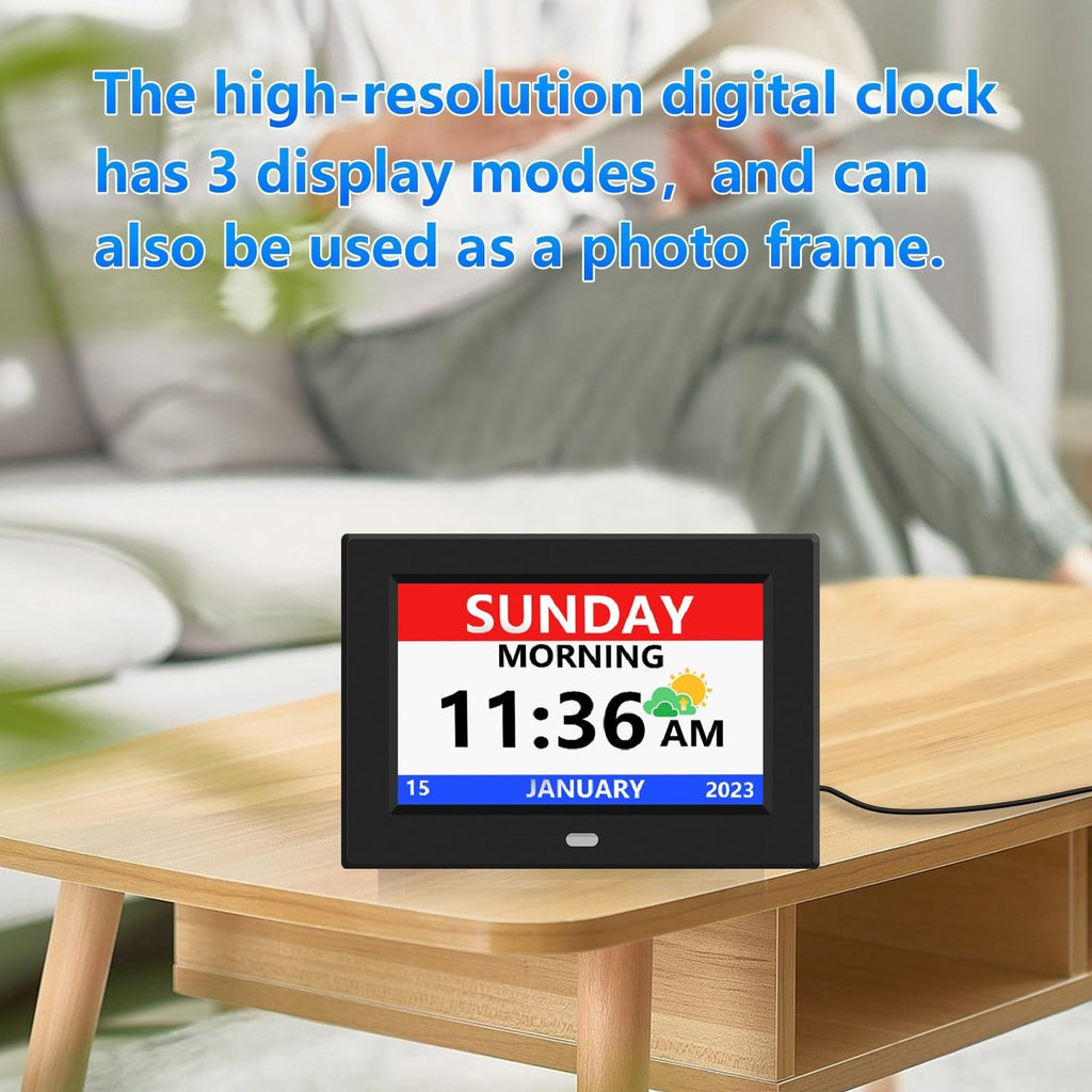 LXBYJKJ 7 Inch Digital Clock with Day and Date for Elderly Alzheimer's Dementia Clock Customizable Alarms and Medicine Reminders 3 Display Modes Large Font Digital Alarm Clock for Seniors Black
