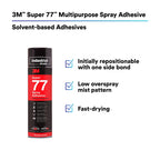 3M Super 77 Multipurpose Permanent Spray Adhesive Glue, Paper, Cardboard, Fabric, Plastic, Metal, Wood, Net Wt 16.75 oz