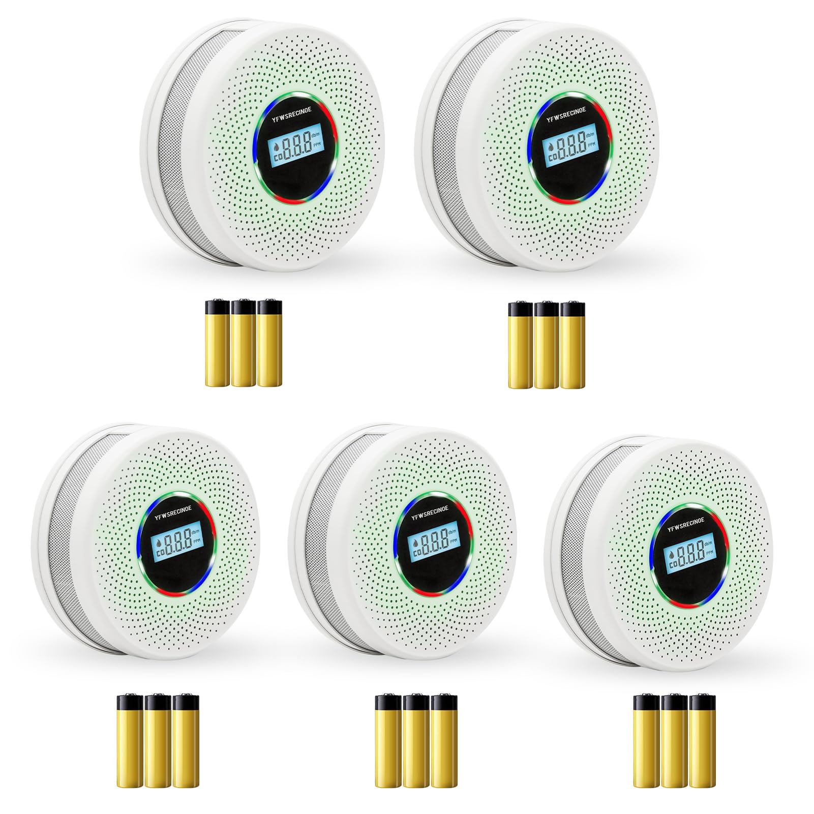Yfwsrecinoe 5 Pack Upgraded Combination Smoke and Carbon Monoxide Alarm Detector, Dual Sensor Smoke Alarm&Carbon Monoxide Detector (Includes Battery)