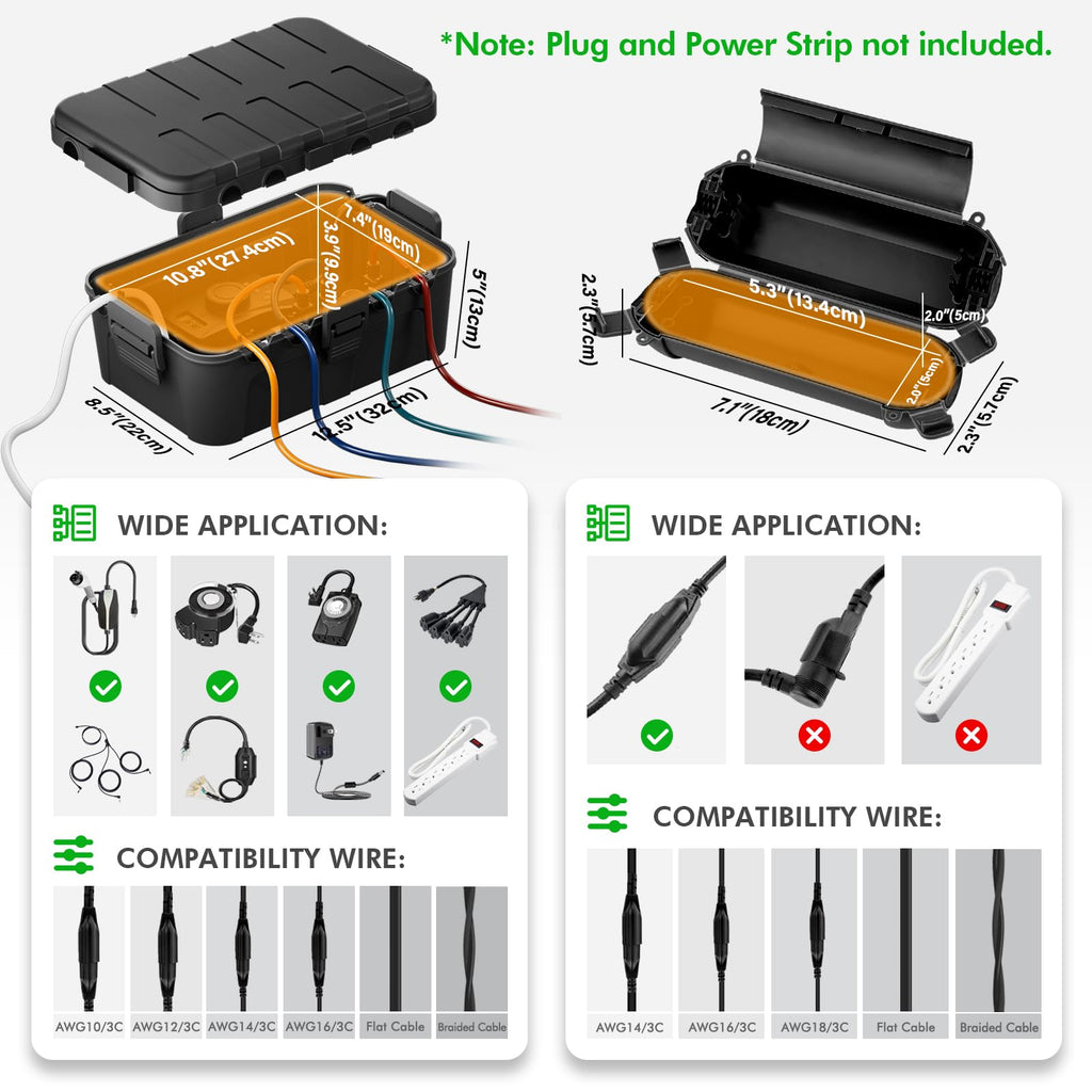 RESTMO IP54 Extra Large Outdoor Box w/ 6 Cable Seal Entry, Bundle w/ 4 Small Weatherproof Extension Cord Safety Cover, Protect Power Strip, Timer Outlet Plug, Christmas Decoration, Black.