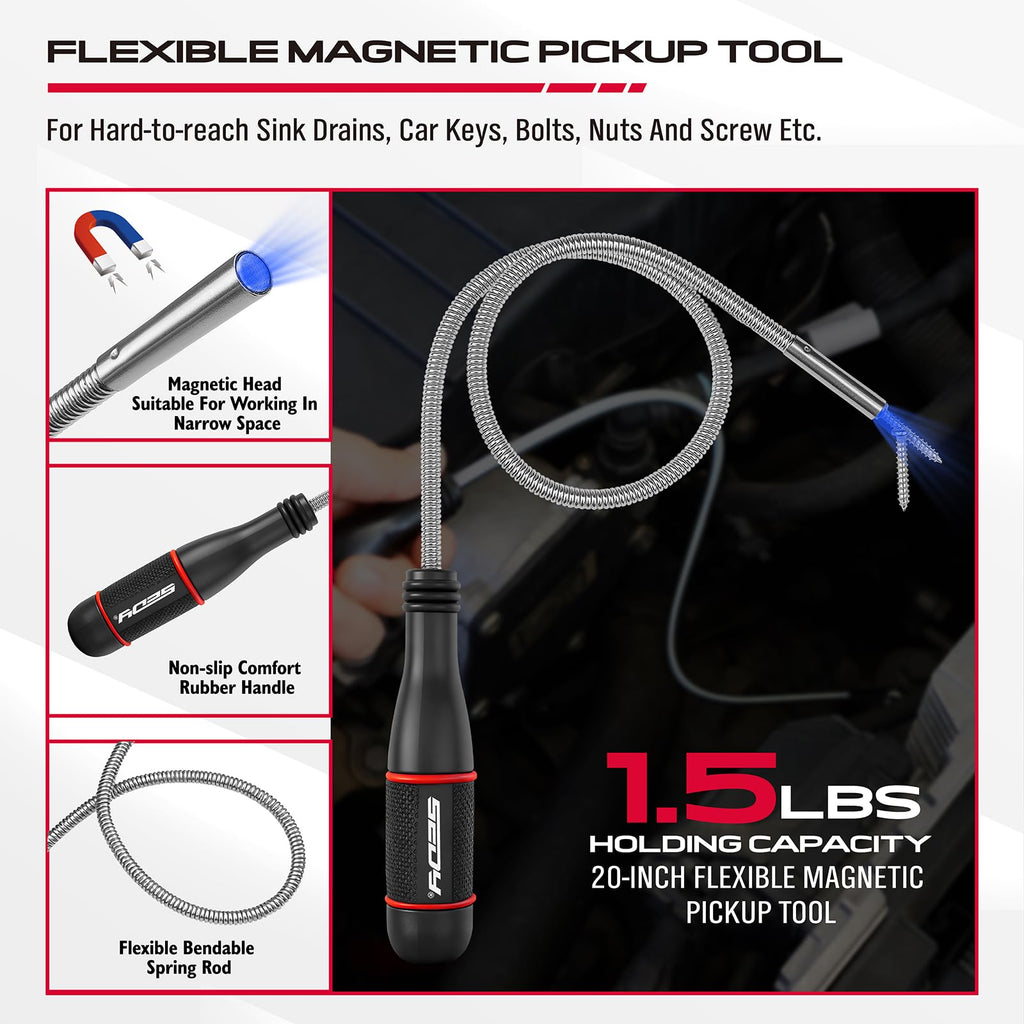 6-Piece Telescoping Magnetic Pickup Tools Set: 31in Portable Magnetic Pickup Stick, 25in Pen-Style Magnetic Pickup Tool, 20in Flexible Bendable Spring Magnet Stick with 4in 9in Magnet Parts Tray