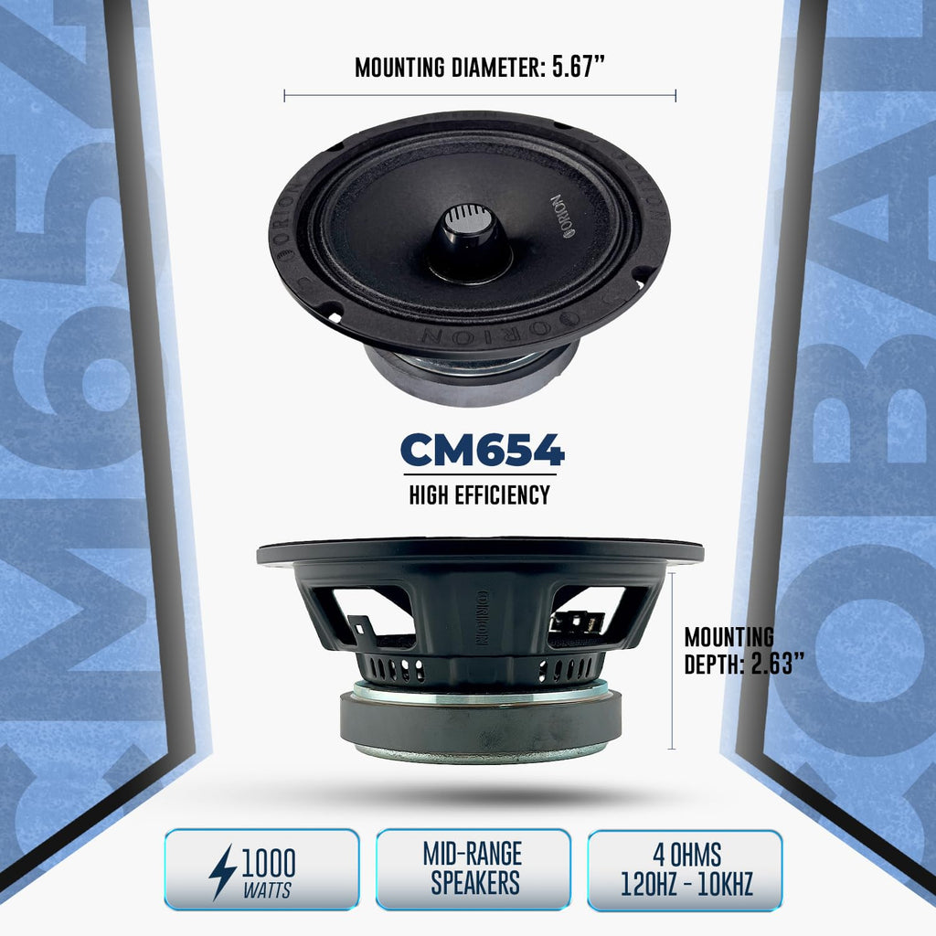 ORION Cobalt CM654 High Efficiency 6.5" Mid-Range Bullet Loudspeakers, 1000W Max Power, 250W RMS, 4 Ohm, 1.5" Voice Coil - Pro Car Audio Stereo, Midrange Speakers (Pair)