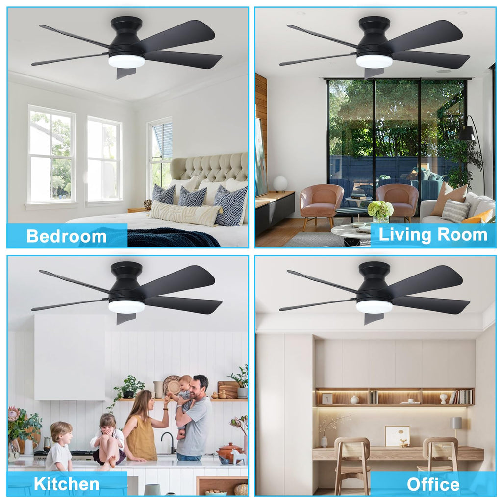 Depuley Modern Ceiling Fan with Light: 42-Inch Black Small Fans for Bedroom Indoor Outdoor - Dimmable Low Profile Ceiling Fans with Remote Control Flush Mount 5 Reversible Black Blades 6 Speeds Timer