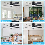 Depuley Modern Ceiling Fan with Light: 42-Inch Black Small Fans for Bedroom Indoor Outdoor - Dimmable Low Profile Ceiling Fans with Remote Control Flush Mount 5 Reversible Black Blades 6 Speeds Timer