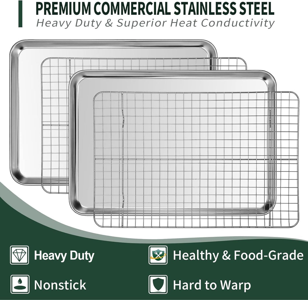Jelly Roll Pan with Cooling Rack Set [2 Baking Pans + 2 Baking Racks], CEKEE Stainless Steel Baking Sheet Tray with Wire Rack Set, Commercial Quality, Rust Proof & Nonstick, Size 15.94 x 12 x 1 Inch