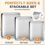 Baking Sheet Set of 3, Commercial Grade Stainless Steel Cookie Sheets for Baking, 12/16/17.5 Inch, Thicker and Firmer Baking Pans Set, Rust & Warp Resistant & Nonstick, Nontoxic&Heavy Duty&Easy Clean