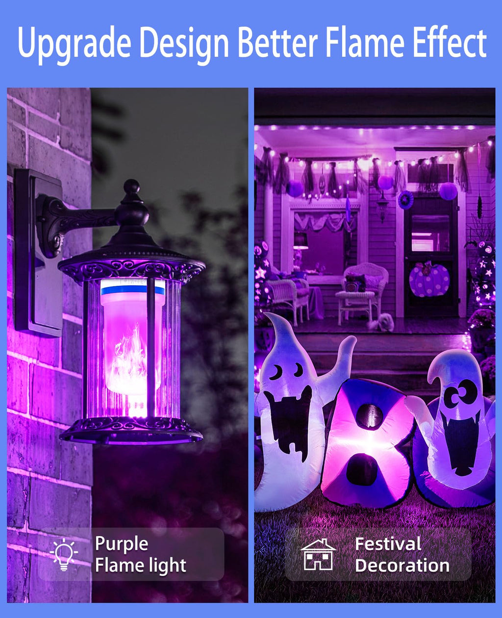 BHCORNER Smaller LED Purple Flame Light Bulbs - Halloween Decorations Light Bulbs,E26/E27 Base Christmas Purple Flickering Light Bulbs Outdoor, led Flame Bulbs for Outdoor Lights (4 Pack)
