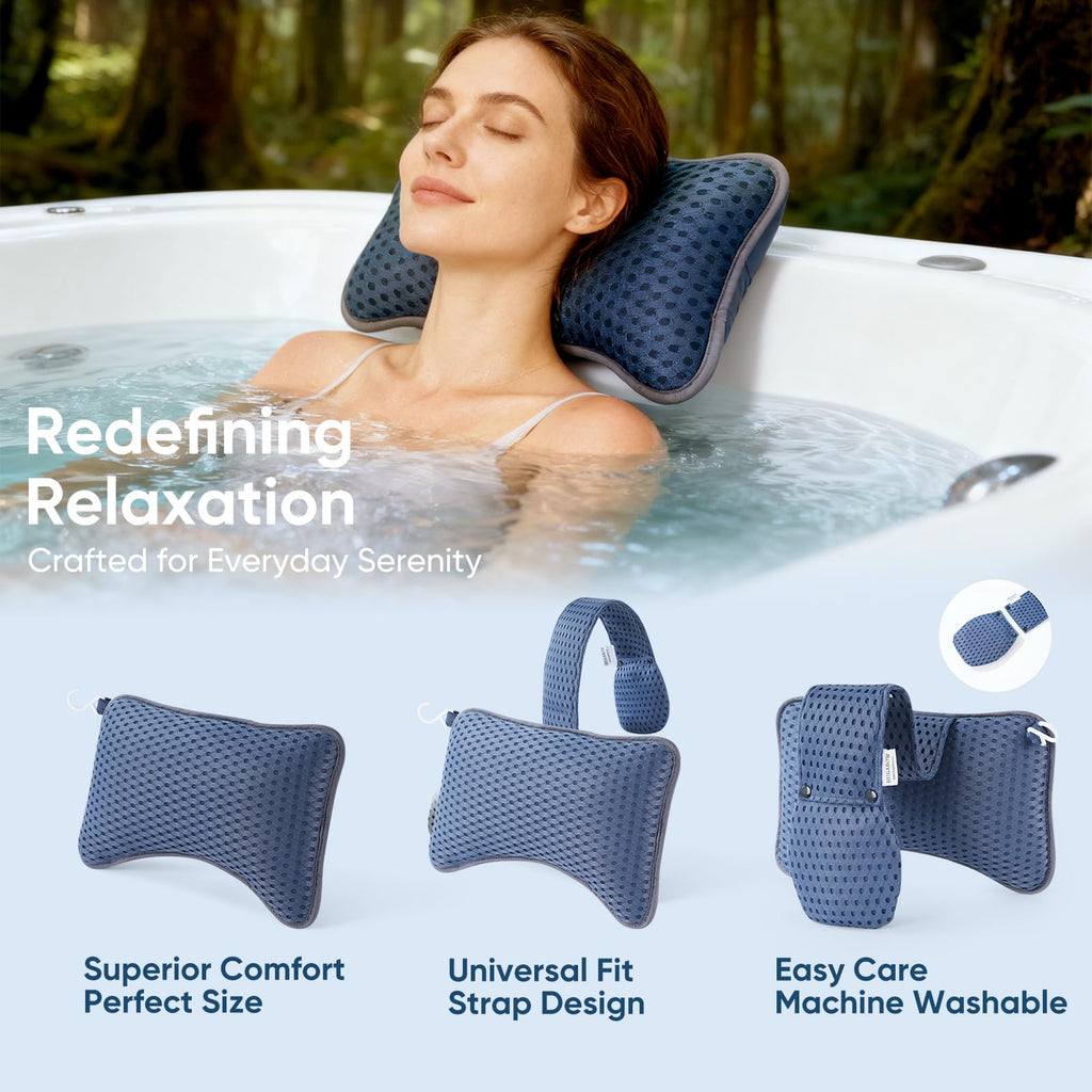 HUGABOW 2-Pack Large Pillows for Hot Tub (Blue), Spa & Chaise Lounge – Universal Headrest & Neck Support Cushion with Removable Weighted Pouch, Long Strap for Height Adjustment & Easy-Dry Hook