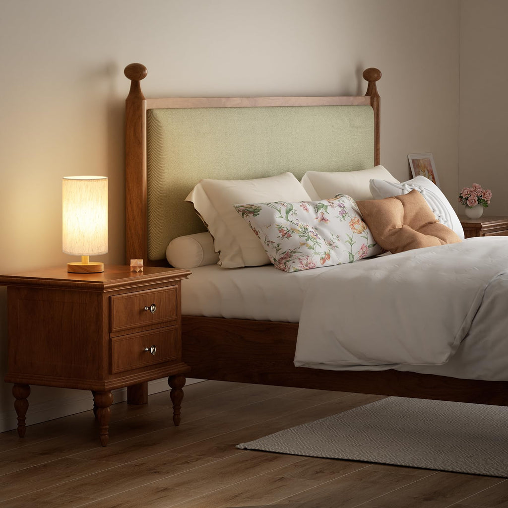 Small Table Lamp for Bedroom - Inline Control, Bedside Lamp with 3000K A15 LED Blub, Easy Assembly (Cream Shade - Wood Base, 9" Inline Control)