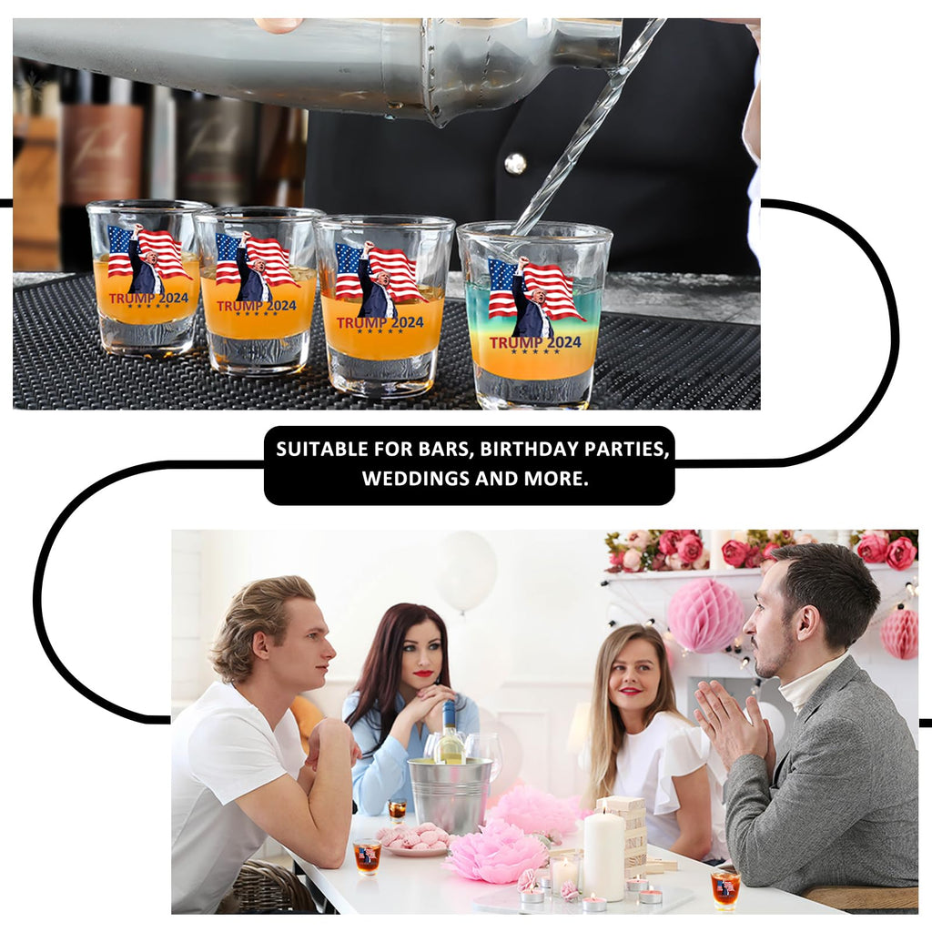 Trump Shot Glass 4Pcs - 1.75 oz Capacity with Survived Assassination & Trump Fist Pump Design - Ideal for Political Fans, Perfect Trump 2024 Collectible and Reminder to Never Surrender