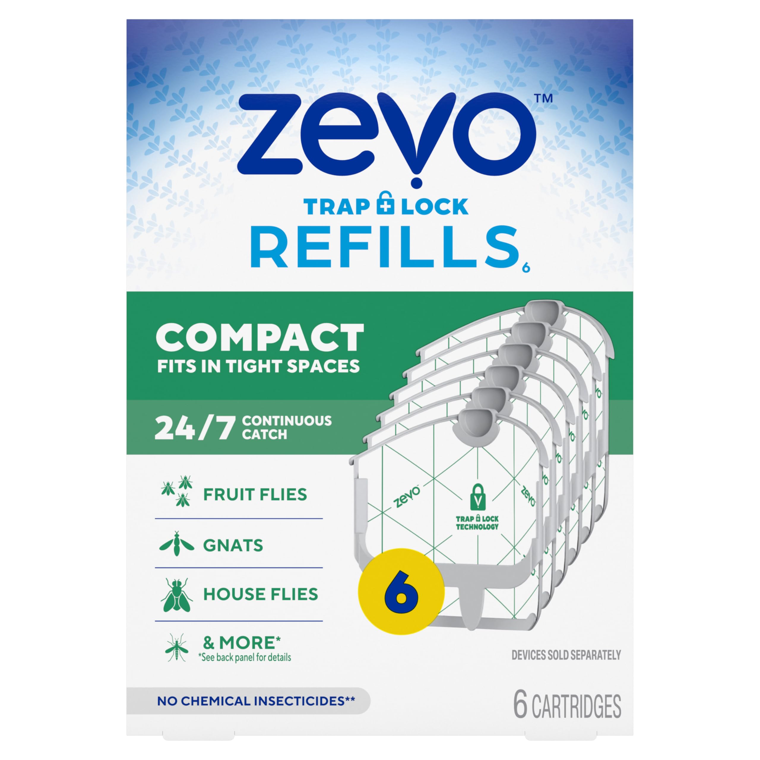 Zevo Compact Flying Insect Trap Official Refill Cartridges - Fits Zevo Compact & Plant Indoor Plug-in Trap, Authentic Trap + Lock Technology to Catch Gnats, House & Fruit Flies (6 Official Refills)