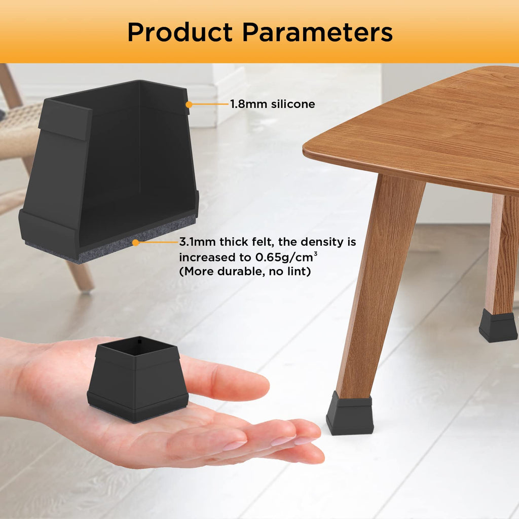 16 PCS Square Chair Leg Floor Protector, Silicone Chair Leg Cover, Furniture Leg Protectors with Felt, Mobile Table Leg pad, Protect The Floor from Scratches.1 1/2 in Black.