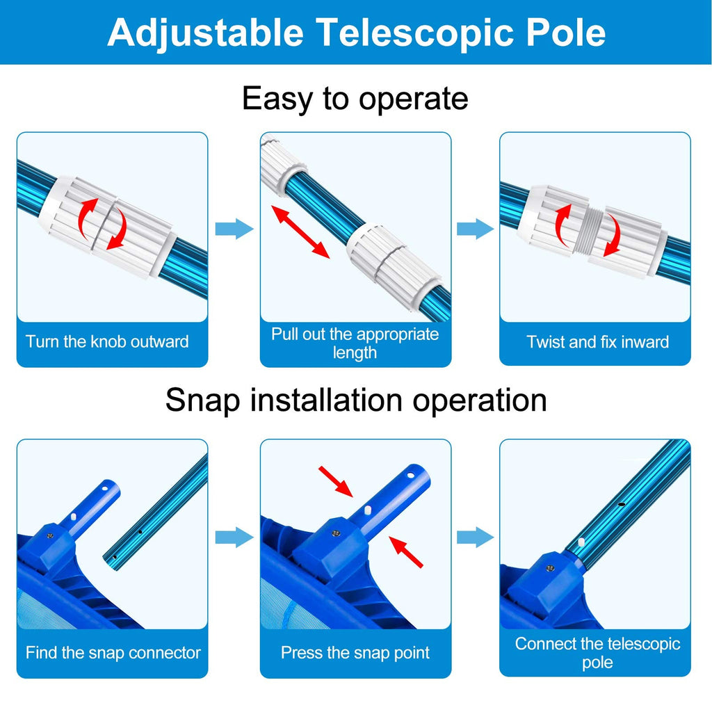 CKE Upgraded 12 Feet Thicken 1.3mm Blue Aluminum Telescoping Swimming Pool Pole,Adjustable 3 Piece Expandable Step-Up,Attach Connect Skimmer Nets,Rakes,Brushes,Vacuum Heads with Hoses, Universal 1.25"