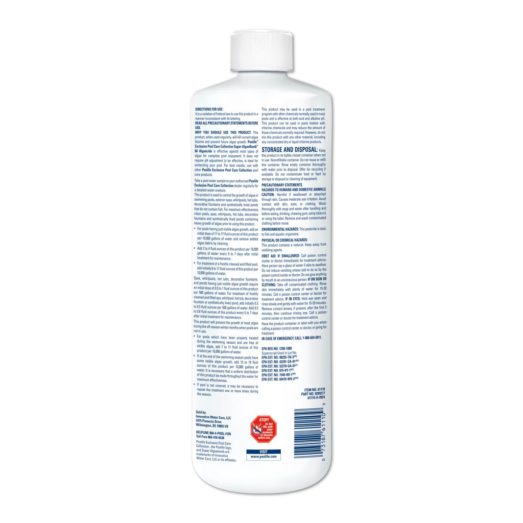 Poolife Super Algae Bomb Polyquat 60 Algaecide - Fast-Acting, Non-Foaming Pool Algaecide for Green, Black, Mustard Algae - Ideal for Spas & Fountains & Winterizing - 1 qt Liquid with Long Protection