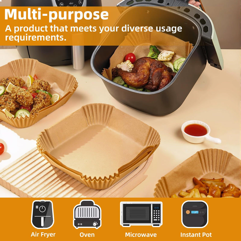 HONYAO Air Fryer Paper Liners XXL for 8-12 Qt Airfryer, 200pcs 9-10 inch Square Thickened 50gsm Disposable Parchment Tray