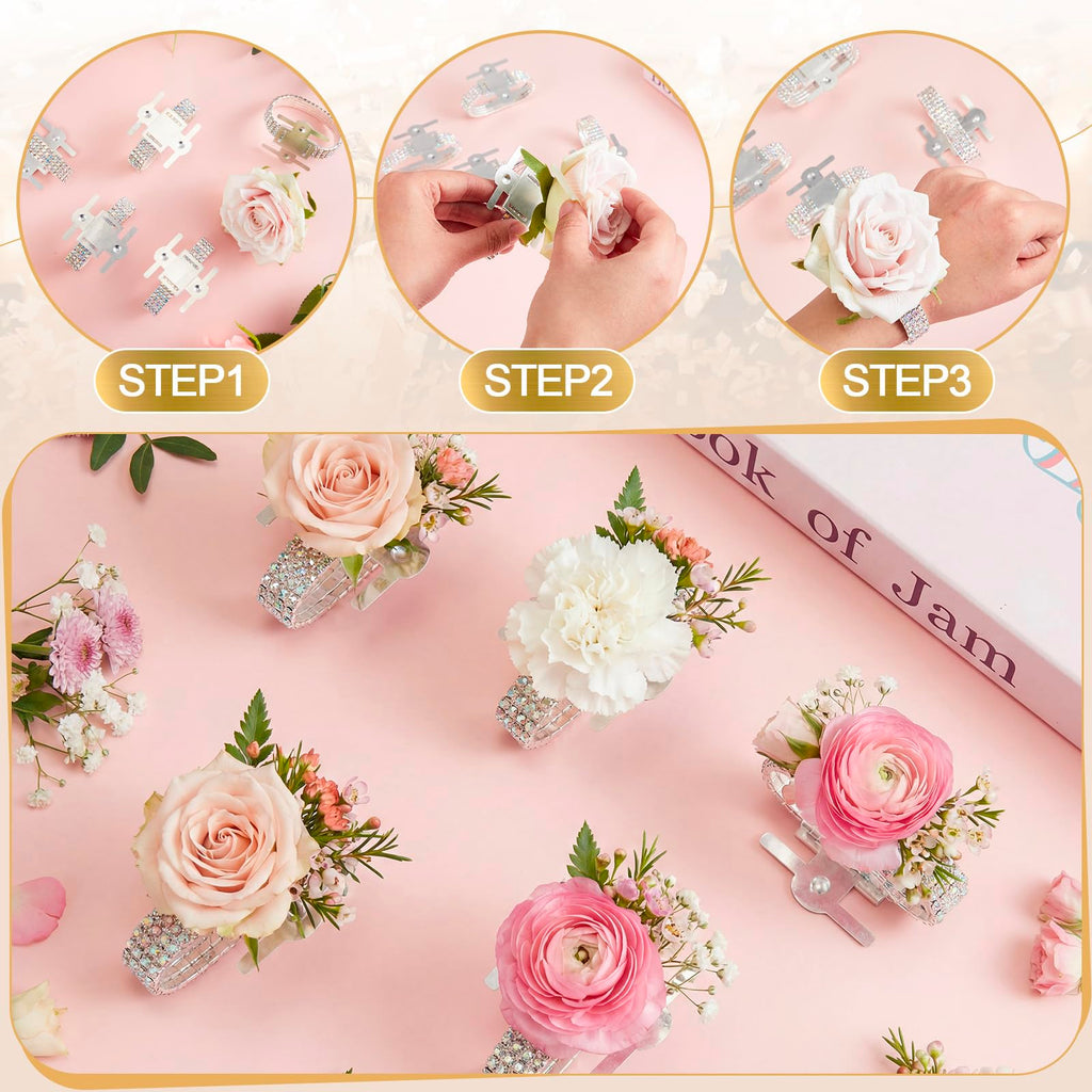Relaxgiant 6 Pieces Corsage Wristlet Bracelets Rhinestone Stretch Corsage Band Floral Slaplets Wedding Bracelets DIY Wrist Accessories Iridescent Silver Bridesmaid Bridal Shower Prom