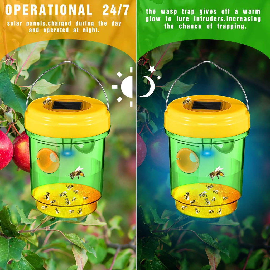 6 Pack Wasp Traps Outdoor Hanging Fly Traps with UV LED Light Solar Powered Hornet Trap Non-Toxic Reusable Hornet Traps Wasp Killer for Indoor Outdoor Patio Garden Home (Green)