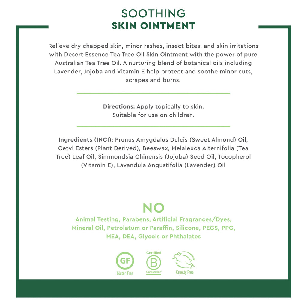Desert Essence Soothing Skin Ointment, 1 fl oz (4 Pack) Gluten Free - Topical Balm with Cleansing Australian Tea Tree Oil - Relief of Dry, Chapped Skin, Minor Rashes, Insect Bites & Skin Irritations