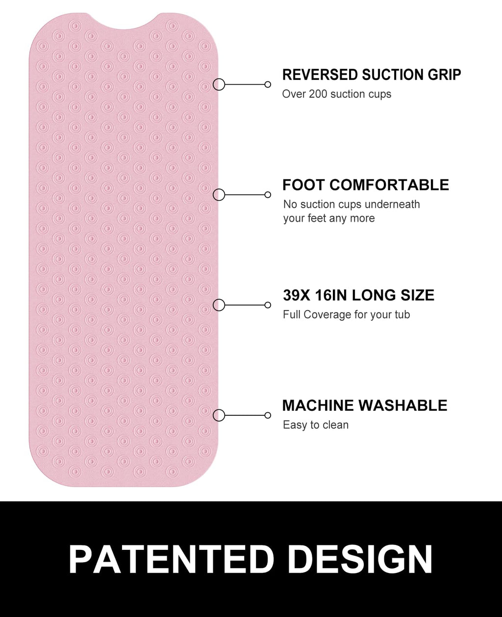 OTHWAY No Suction Cup Bath Mat: 39x16 inch Extra Long Bathmat│Perfect for Refinished or Ordinary Bath Tubs│Made of Nature Rubber│a Blessing for The Elderly and Children (Pink)
