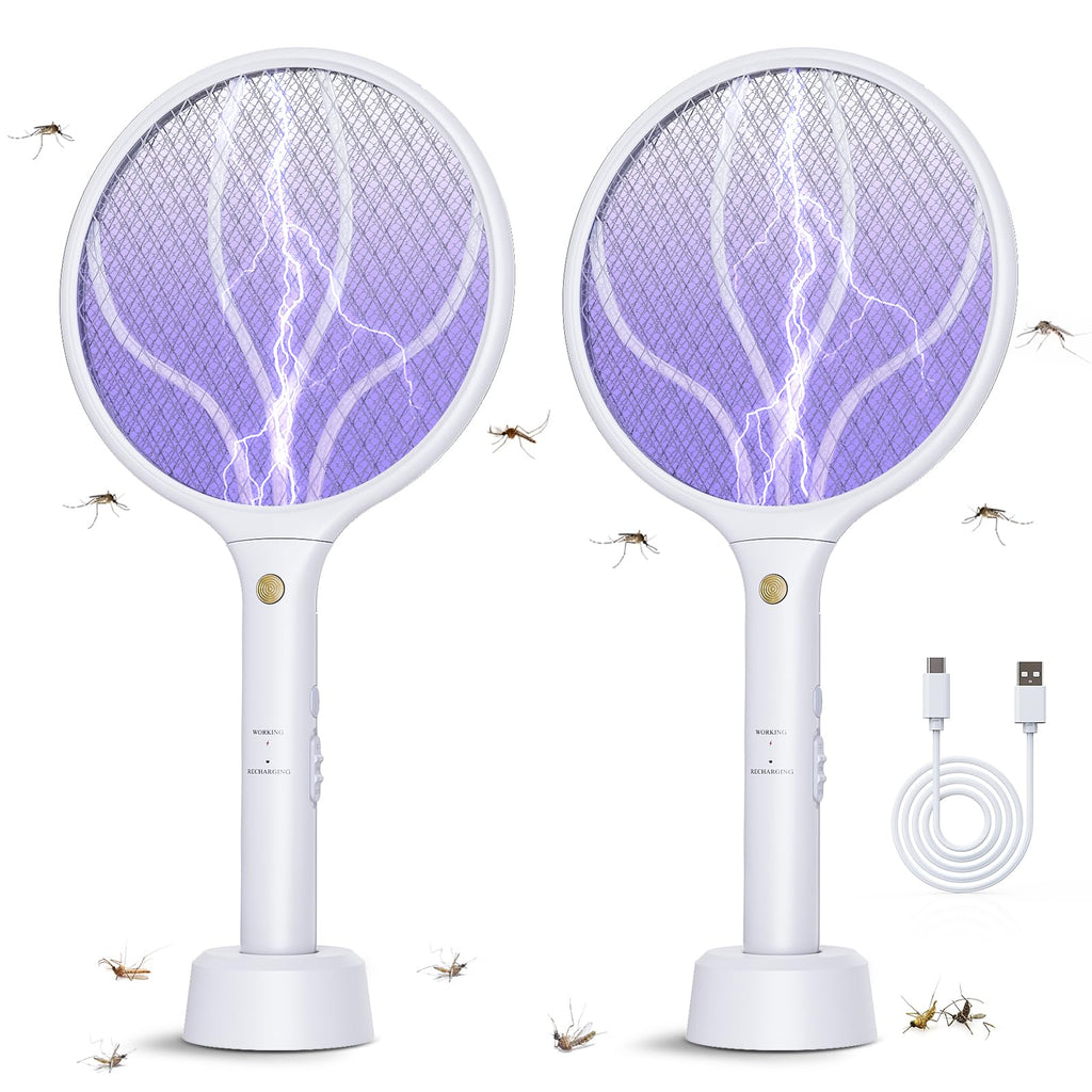 Electric Fly Swatter Racket 3000V Bug Zapper 2 in 1 Mosquito Zapper USB Rechargeable, 1200mAh Mosquitoes Killer Lamp & Fly Zapper with 3 Layer Safety Mesh for Home, Bedroom, Kitchen, Patio (2 Pack)
