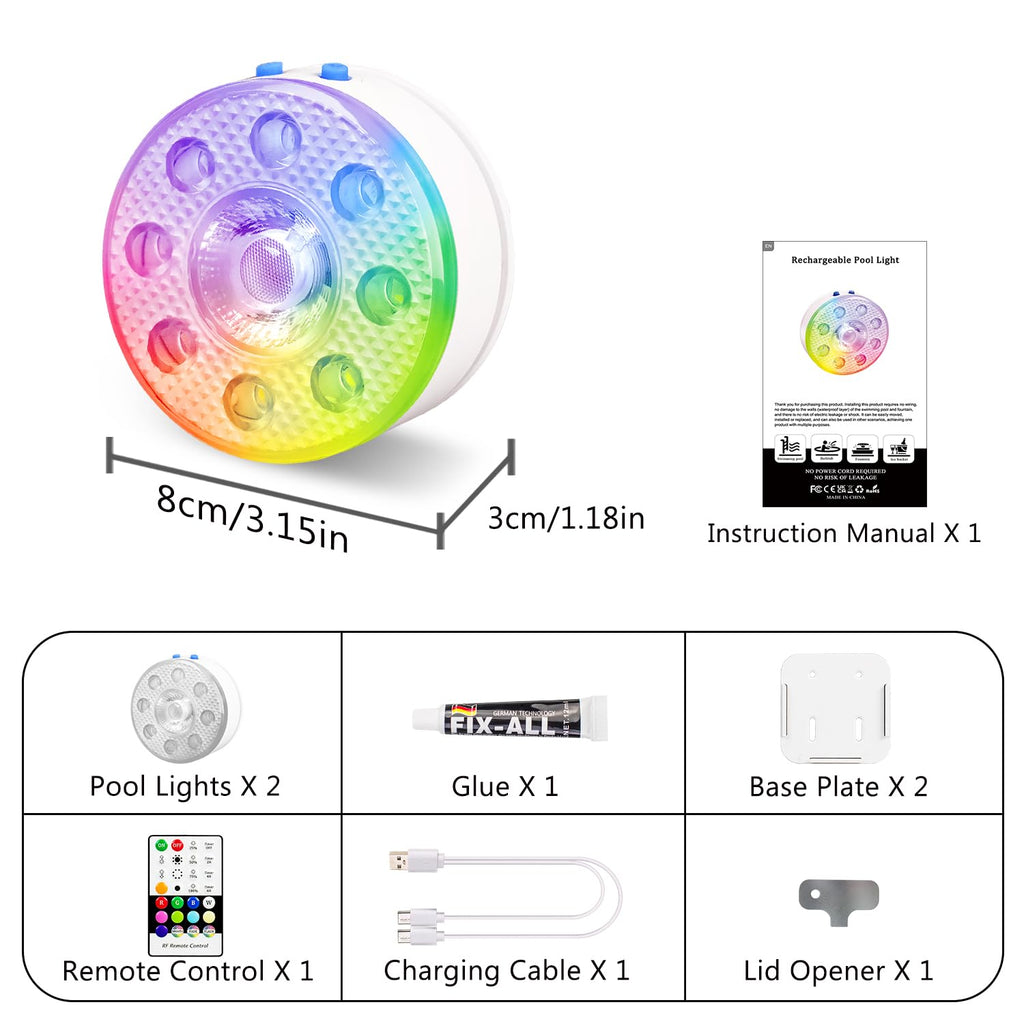 Underwater Pool Lights for Above Ground and Inground Swimming Pools with Remote Timer Off, Magnetic RGB Submersible LED Lights Rechargeable Spotlight 16 Colors 9-mode for Hot Tubs, Fountain -2Pack