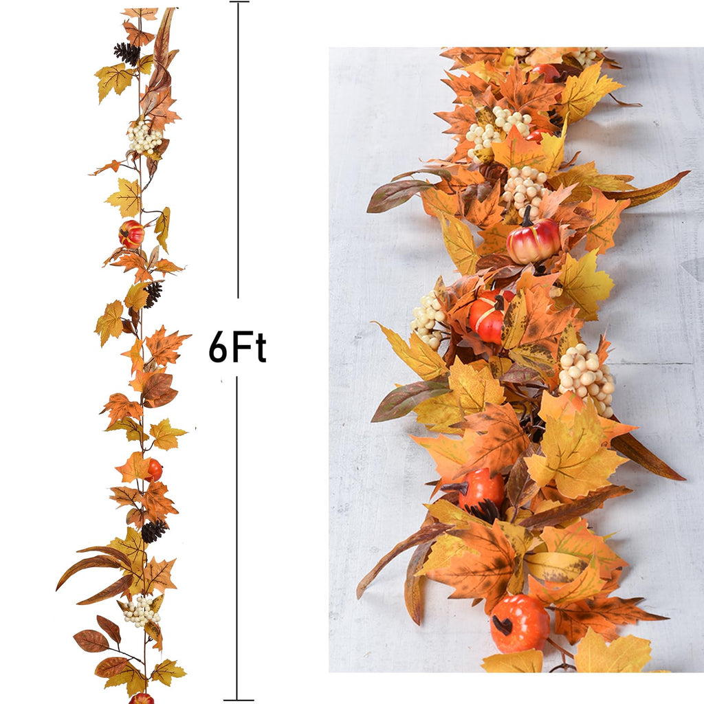 DearHouse Pumpkin Fall Garland Maple Leaves, 6ft Hanging Vine Maple Garland Artificial Autumn Foliage Garland Thanksgiving Decor for Home Wedding Fireplace Party Christmas (Yellow&Brown)