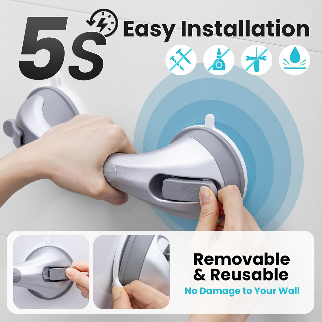 TAILI Shower Grab Bar, 12 Inch Shower Handle for Bathtubs and Showers for Elderly, Suction Grab Bars for Seniors Bathroom Safety Handle for Elderly, No Drilling Removable, Silver