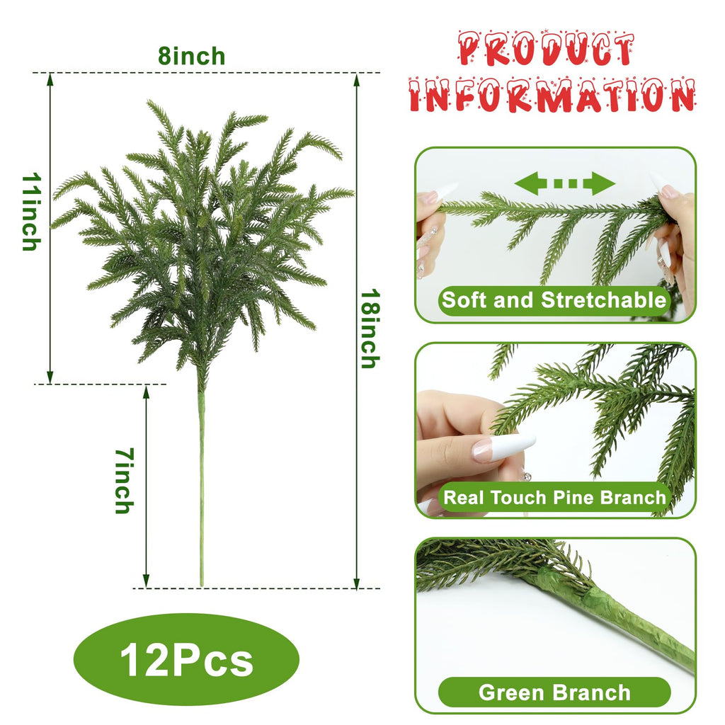 Artgar 12 Pcs Pine Branches - 18 Inch Artificial Green Pine Stem - Real Touch Christmas Greenery Pines Branches for DIY Flower Arrangement Home Indoor Christmas Decor