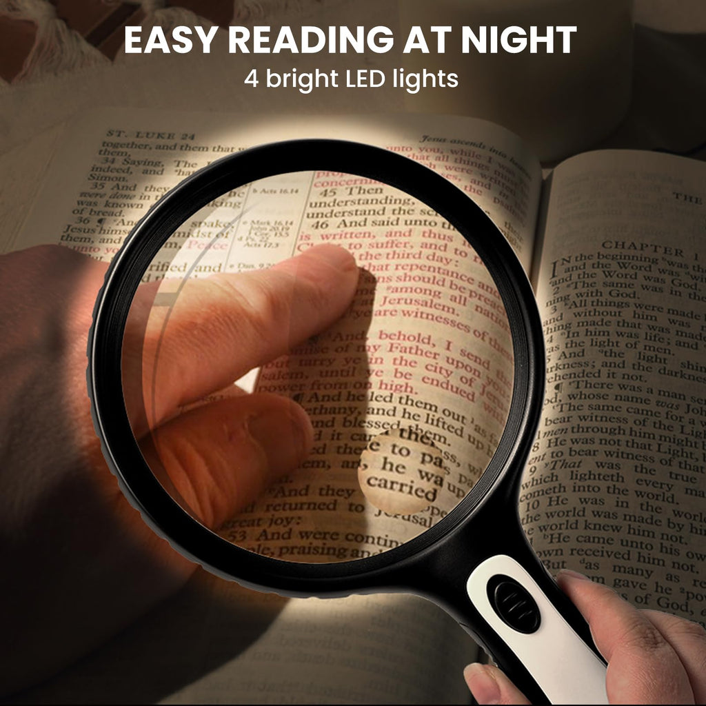 Large magnifying glass with light, 10x 20x handheld clear magnifying glass with 4 LED high brightness lights, free storage bag, cleaning cloth, suitable for The elderly to read, check