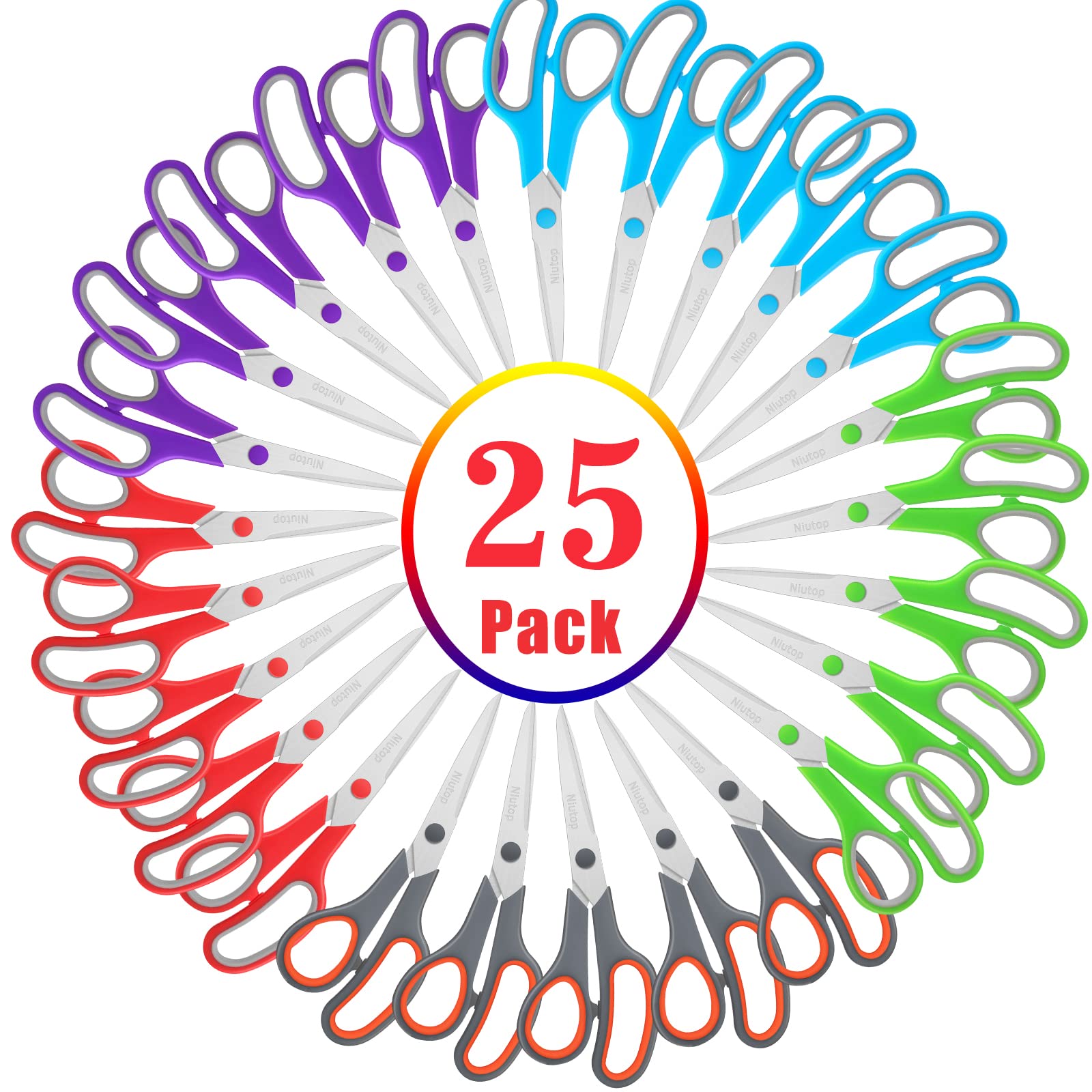 Scissors Bulk Set of 25-Pack, Niutop 8" Multipurpose Sharp Sewing Craft Shears Fabric Scissors for Office Home High/Middle School Student Office Teacher Supplies, Comfort-Grip Right/Left Handles