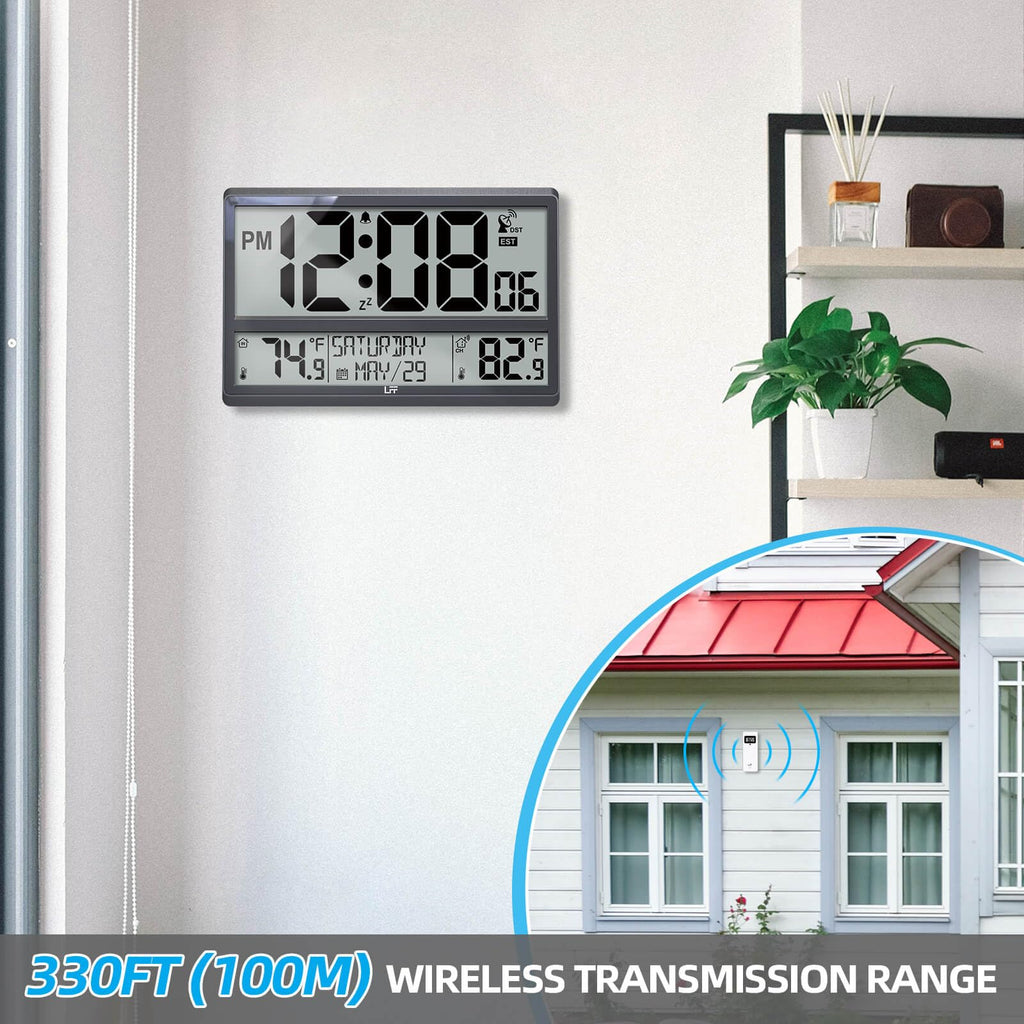 LFF Atomic Clock, Never Needs Setting, Battery Operated, Atomic Wall Clock with Indoor/Outdoor Temperature, Wireless Outdoor Sensor, Large Display Digital Calendar Clock for Elderly