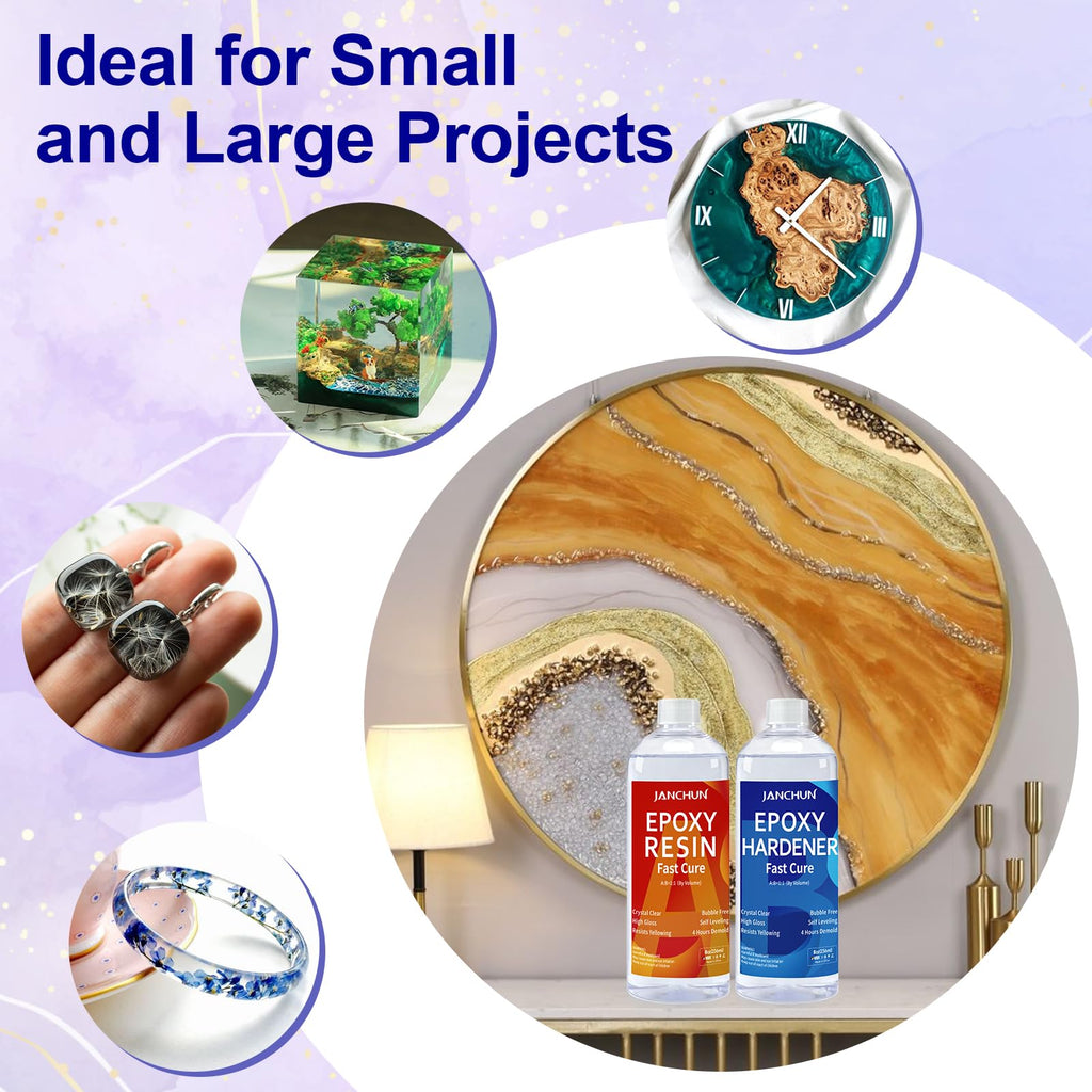 JANCHUN Crystal Clear Epoxy Resin Kit 16oz, Bubble-Free, Anti-Yellowing, Self Leveling Easy Mix 1:1 Coating and Casting Resin for Table Top, Molds, Tumbler Crafts, Painting, Jewelry, DIY Gifts