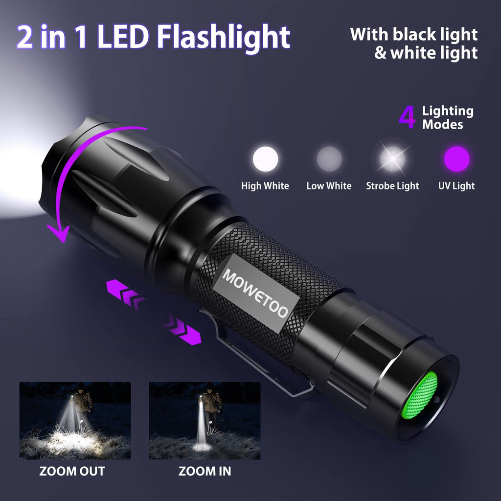 MOWETOO UV Flashlight, 2 in 1 395 nm LED Flashlight with UV Black Light & White Light, 500LM, 4 Modes & Waterproof Pet Urine Detector (1 Pack)