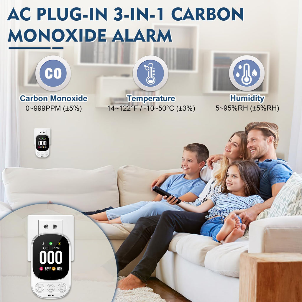 Lunarlipes Carbon Monoxide Detector Plug in Wall, 3-in-1 CO Level Monitor Alarm with Temp/Humidity Sensor, Portable Carbon Monoxide Detectors Easy to Read & Install, for Home/Hotel/RV (White-1Pack)