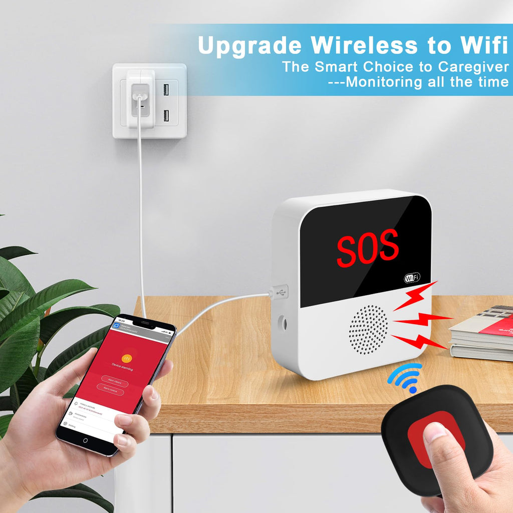 WiFi Wireless Caregiver Pager Call Button System Emergency Alert Button for Seniors Patient Disabled Elderly 1 Panic Button 1 Receiver(only Supports 2.4GHz Wi-Fi)